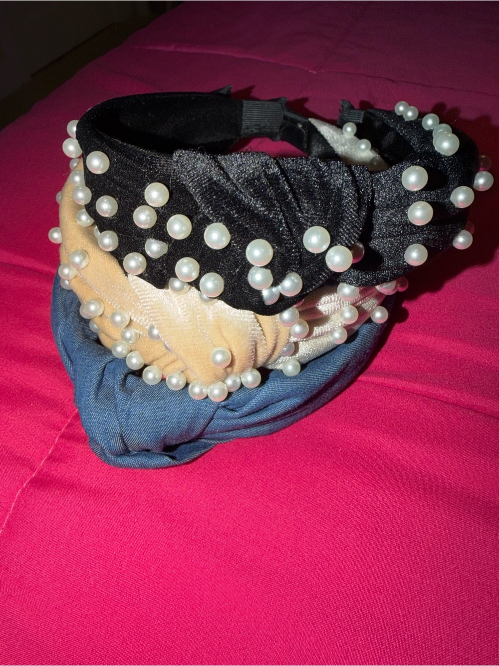 Pearl-Embellished Knotted Headband - Black, Beige, Blue